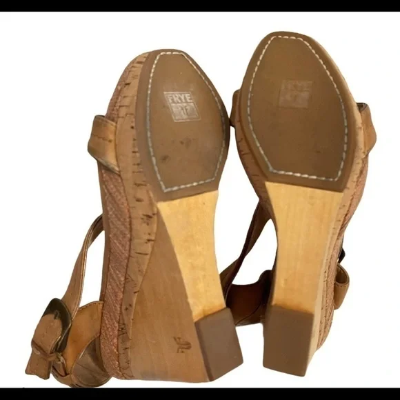 FRYE Bridget Ornament Tan Leather Wedge Sandals Shoes - Picture 4 of 6
